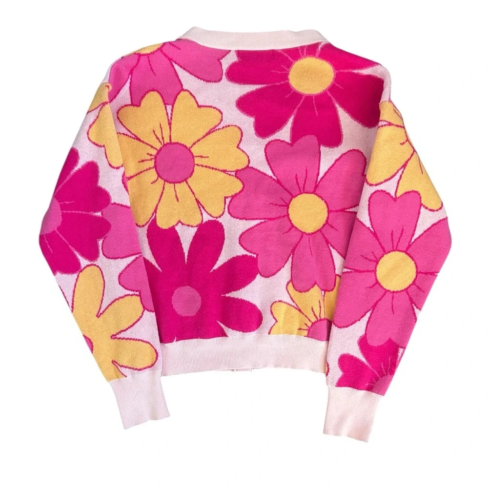 Willow & Wind Floral Pink & Yellow Retro Button Cardigan - Picture 2 of 6